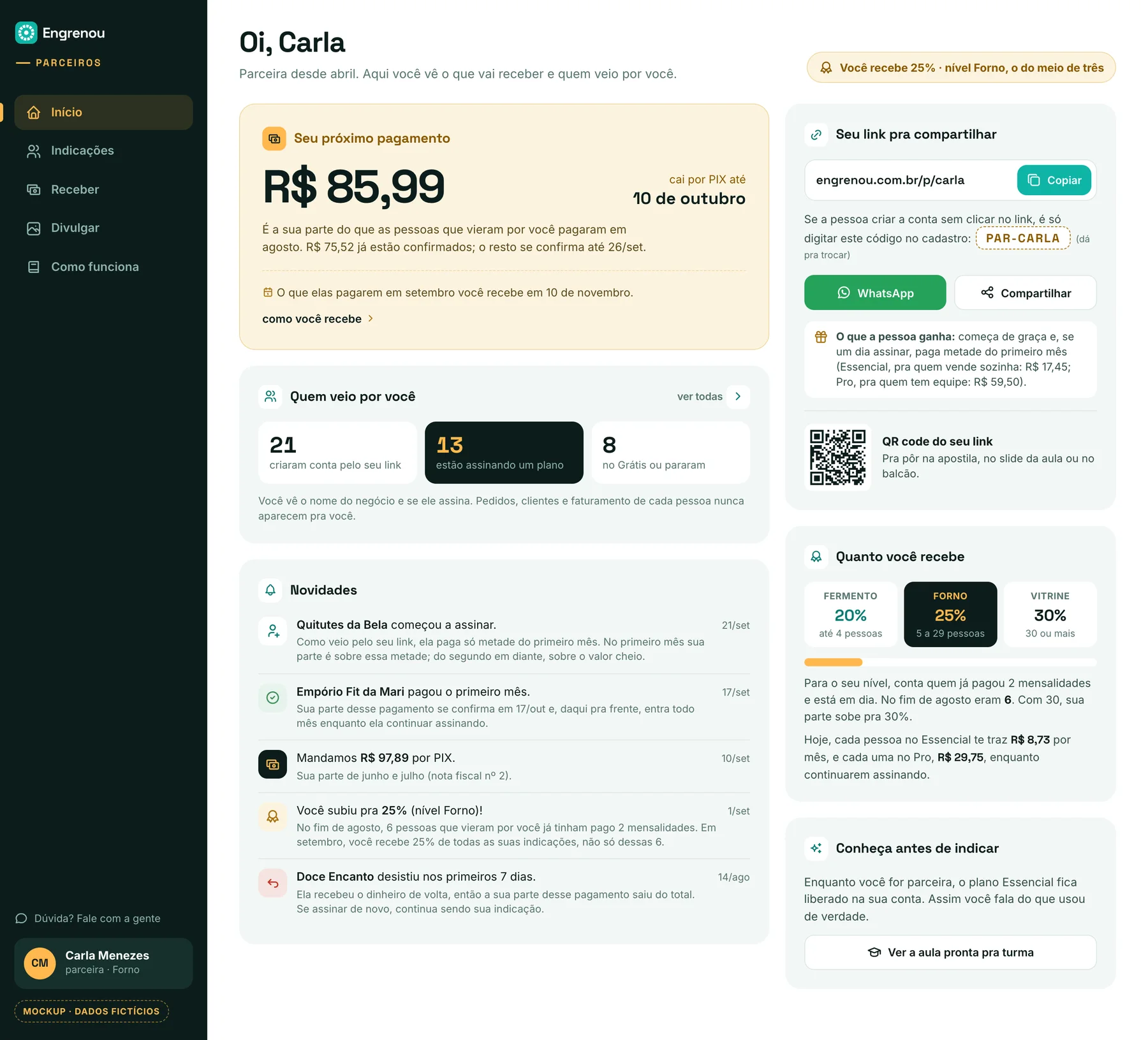 Início do portal v2: seu próximo pagamento de R$ 85,99 até 10 de outubro, quem veio por você, novidades, seu link, quanto você recebe e conheça antes de indicar.