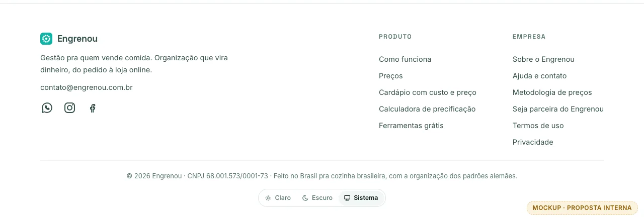 Rodapé do site com o link Seja parceira do Engrenou na coluna Empresa, depois de Metodologia de preços.