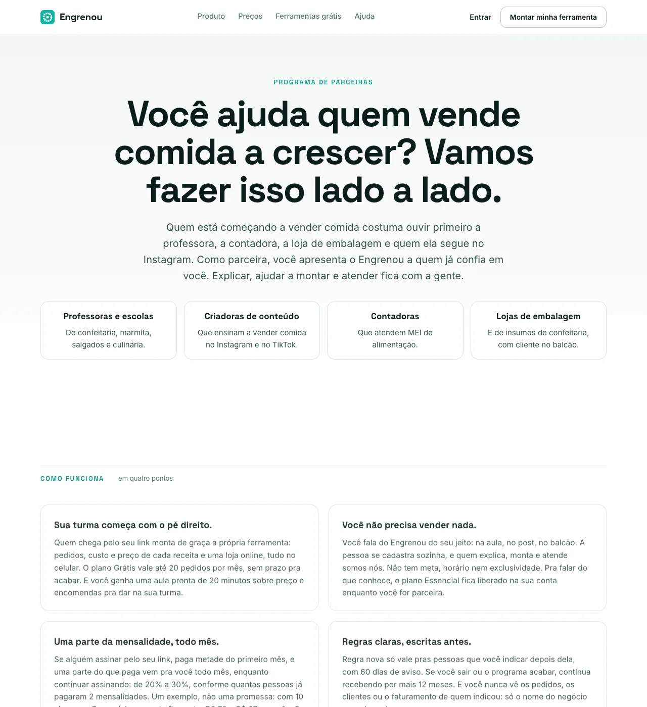 Topo da página /parceiros no visual do site: título, texto e os quatro perfis de parceira, seguidos de como funciona.
